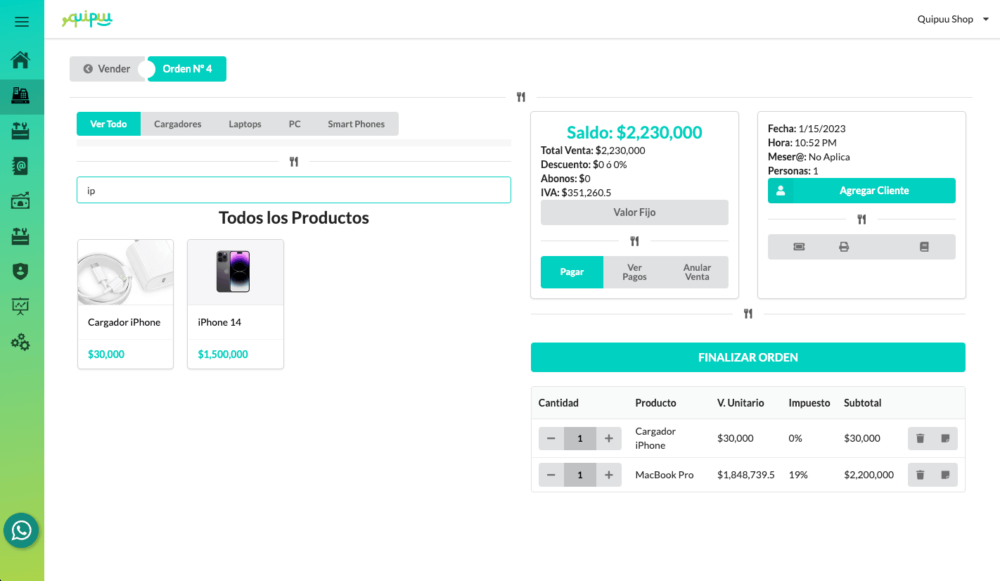 Captura de pantalla del sistema de punto de venta para tiendas de tecnología